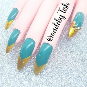 Handmade Gel Press On Nails Teal Gold French Tip